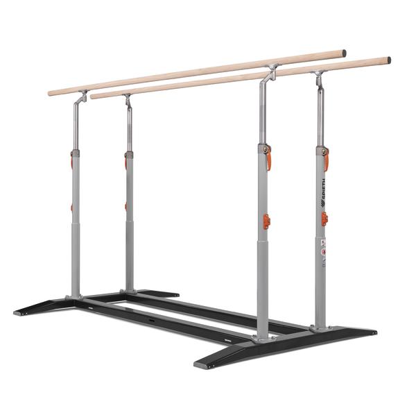 Verstellbare Gymnastikbarren mit Holzgriffen und stabilem Metallrahmen für Training und Therapie.