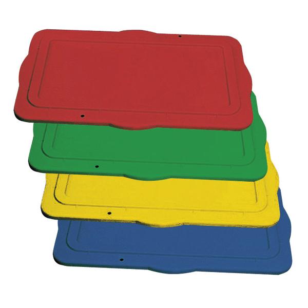 Stapel aus bunten Kunststoffdeckeln in Rot, Grün, Gelb und Blau für Aufbewahrungsboxen.