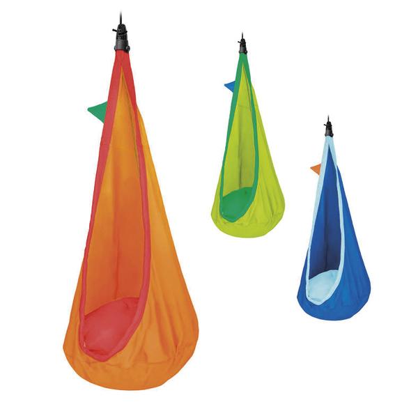 Hängesessel für Kinder in Orange, Grün und Blau, mit weichem Sitzkissen und Befestigung.
