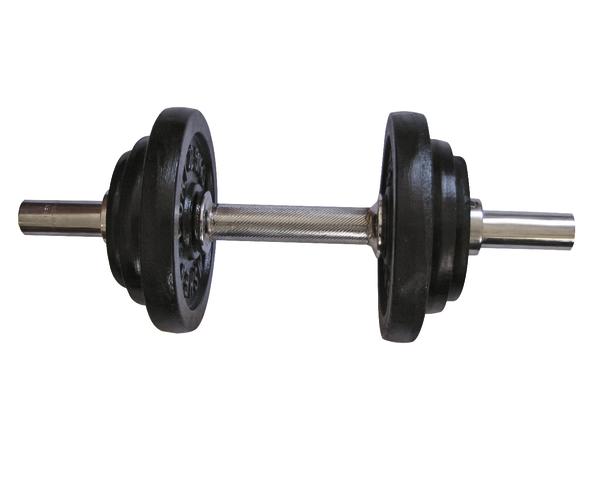 Kurzhantel mit schwarzen Gewichtsscheiben und Metallgriff für Krafttraining.