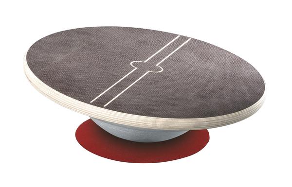 Balancierbrett mit runder Holzplatte und rotem Gummifuß für Gleichgewichtstraining.