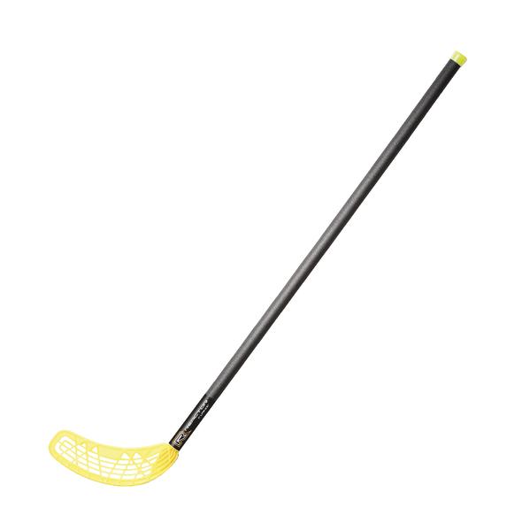 Floorball-Schläger mit schwarzem Schaft und gelbem Blatt auf weißem Hintergrund.