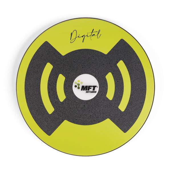 Rundes Balance-Board in Gelb und Schwarz mit MFT-Logo für Fitness und Koordination.
