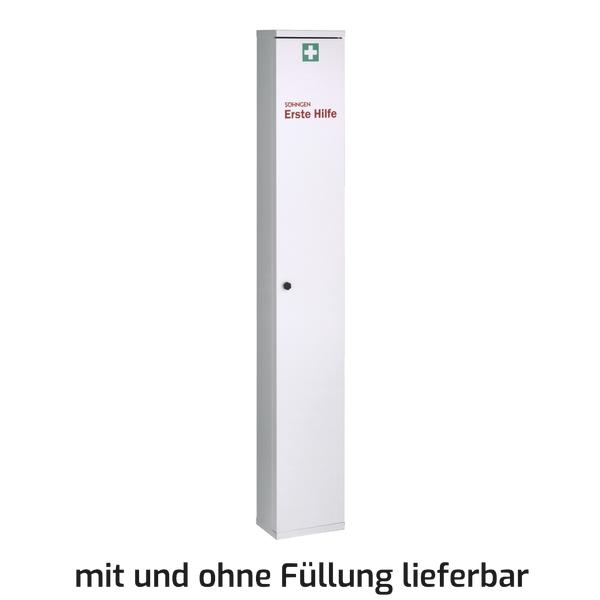 Erste-Hilfe-Schrank aus Metall mit grünem Kreuz und roter Aufschrift, weiß, schmal und hoch.