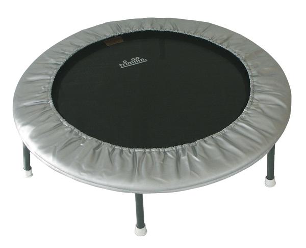 Kleines Fitness-Trampolin mit grauem Rand und schwarzer Sprungmatte, rund, sechs Beine.