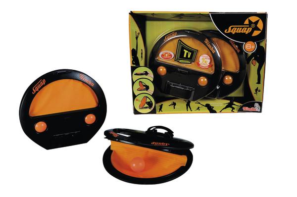 Elektronisches Squap Spiel in Schwarz und Orange mit Verpackung, Tischtennis-ähnliches Ballspiel.