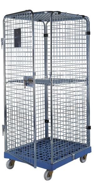 Mobiler Gitterwagen aus Metall mit vier Rollen und zwei Türen für Lager und Transport.