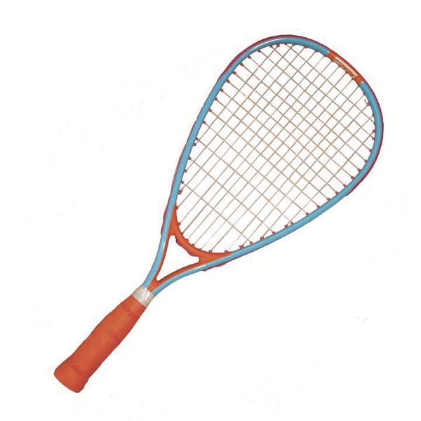 Squash-Schläger mit blau-orangefarbenem Rahmen und rotem Griff auf weißem Hintergrund.