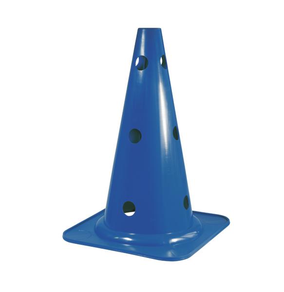Blauer Trainingskegel mit Löchern aus Kunststoff für Sport und Verkehrssicherung.