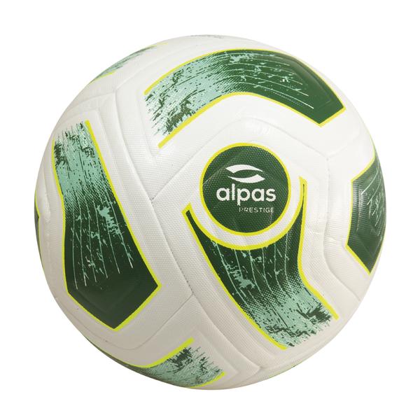 Weiß-grüner Alpas Prestige Fußball mit gelben Akzenten auf weißem Hintergrund.