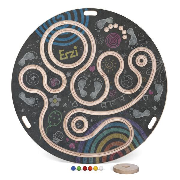 Rundes Holz-Labyrinthspiel mit bunten Kugeln und Regenbogen-Motiv auf schwarzem Hintergrund.