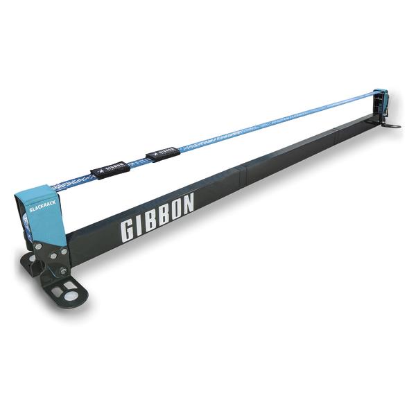Gibbon Slackrack Slackline mit Metallrahmen und blauer Slackline für Balance-Training.