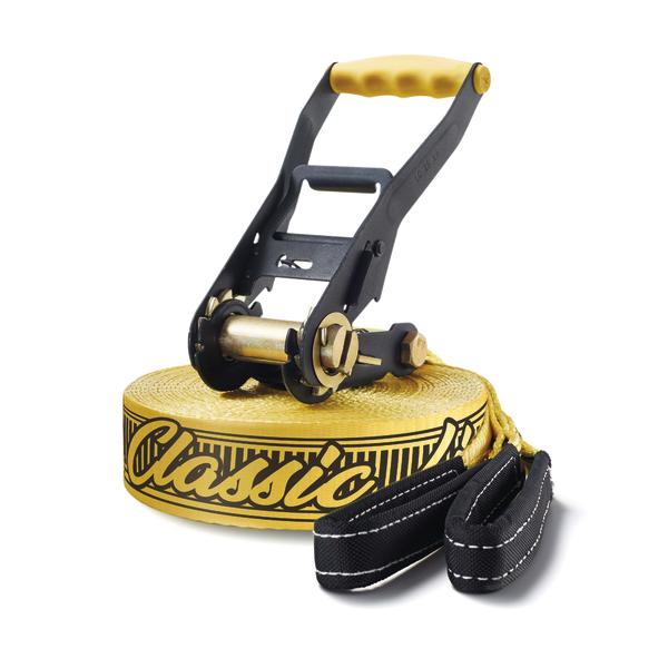 Gelbe Ratsche mit Spanngurt und schwarzen Schlaufen.