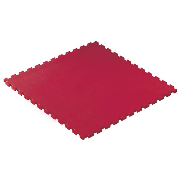 Rotes Schaumstoff-Puzzlemattelement mit verzahnten Kanten für Bodenbelag.