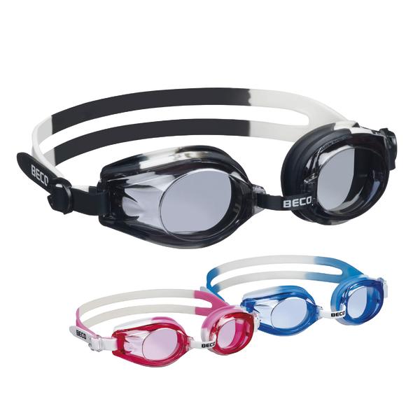 Schwimmbrillen in Schwarz, Blau und Rot mit verstellbarem Silikonband, ideal für Wassersport.