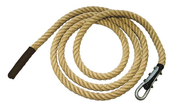 Seil aus Naturfasern mit Metallkarabiner und Schutzummantelung, ideal für Outdoor und Klettern.