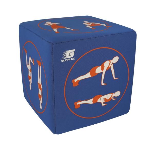 Blauer Würfel mit verschiedenen Fitnessübungen als Piktogramme, Marke Sunflex.
