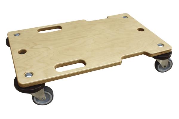 Robustes Holz-Transportbrett mit vier Rollen und Grifföffnungen für einfachen Transport.