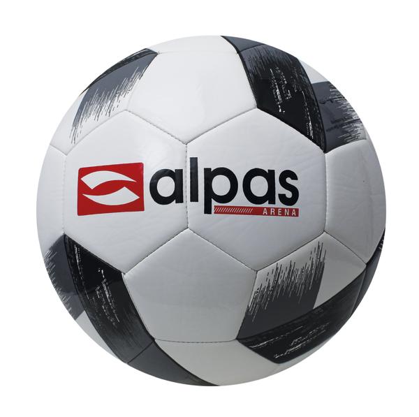 Weiß-schwarzer Fußball mit alpas Arena Logo, ideal für Freizeit- und Profi-Sport.