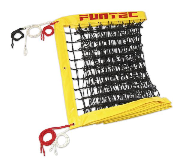 Schwarzes Volleyballnetz mit gelbem Rand und Befestigungsseilen, Marke Funtec.