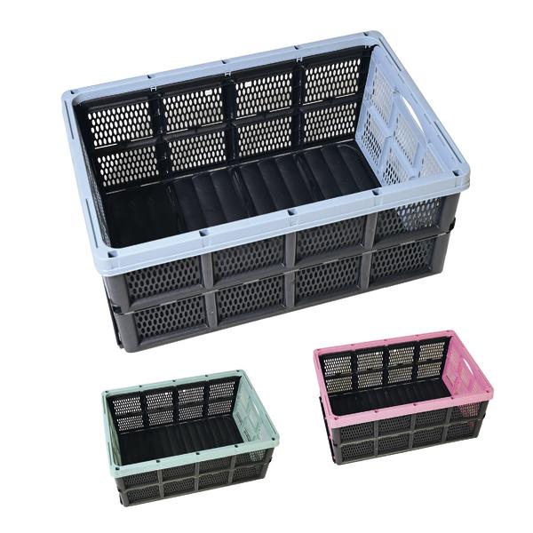 Plastik-Aufbewahrungskisten in Schwarz mit blauen, grünen und pinken Rändern, stapelbar.