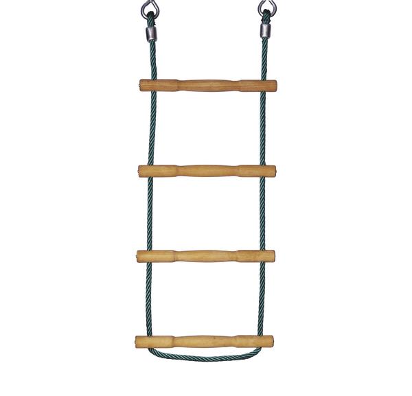 Seilleiter mit vier Holzstufen, geeignet für Klettern und Outdoor-Aktivitäten.