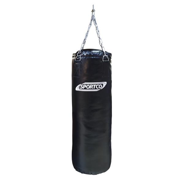 Schwarzer Sportco Boxsack mit weißem Sportco Logo und stabiler Kettenaufhängung aus Metall für Box- und Kampfsporttraining.