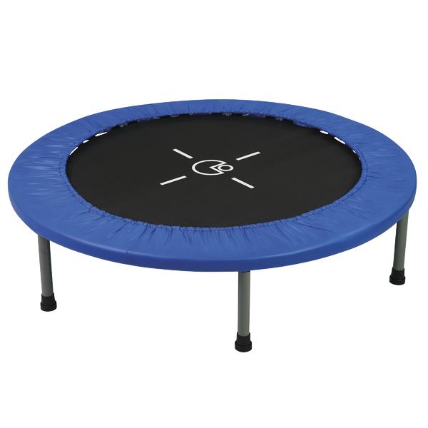 Rundes Mini-Trampolin mit blauem Rand, schwarzer Sprungfläche und vier Metallbeinen vor weißem Hintergrund.