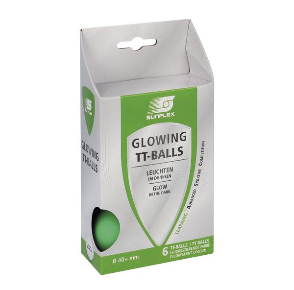 Verpackung mit 6 leuchtenden Tischtennisbällen von Sunflex, fluoreszierend und glow-in-the-dark.
