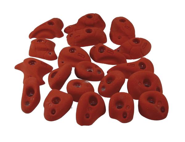Rote Klettergriffe aus Kunststoff für Indoor-Kletterwände, verschiedene Formen und Größen.