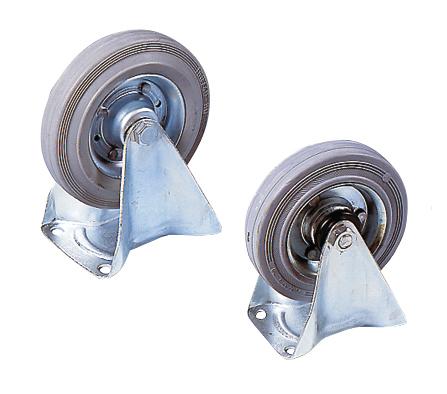 Zwei robuste Lenkrollen aus Metall mit grauen Gummirädern für Möbel und Geräte.