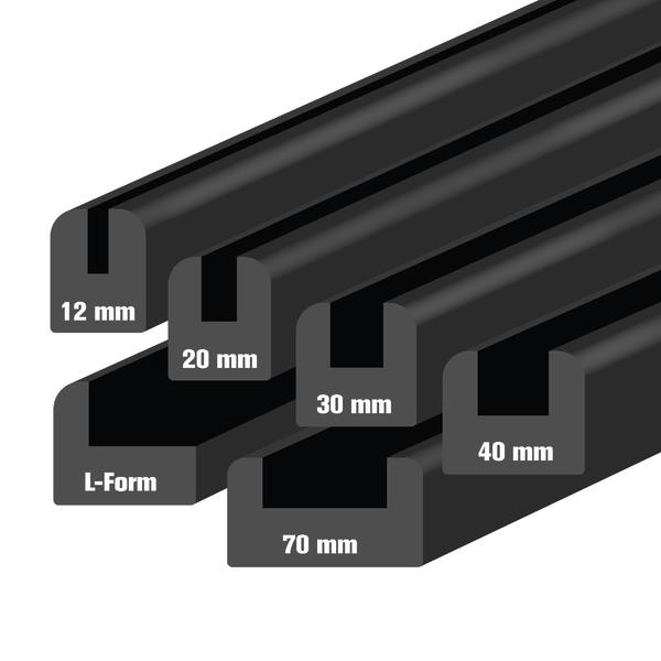 Verschiedene schwarze L-Form Zielbretter-Kantenschutz in 12 mm, 20 mm, 30 mm, 40 mm und 70 mm Breite.