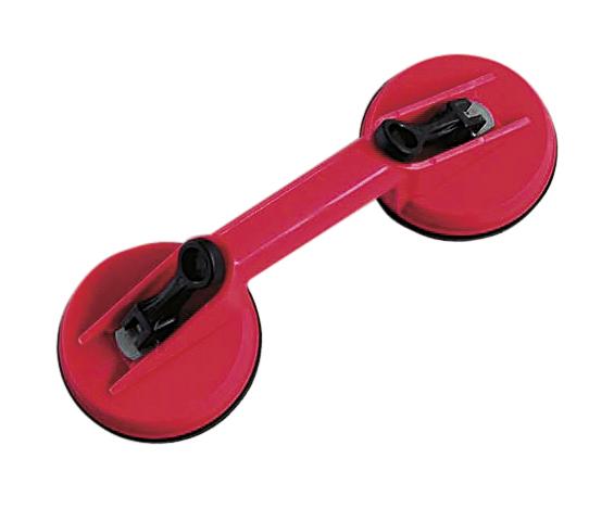Roter Doppel-Saugnapf mit Hebelgriff zum sicheren Heben und Transportieren von Glas oder glatten Oberflächen.