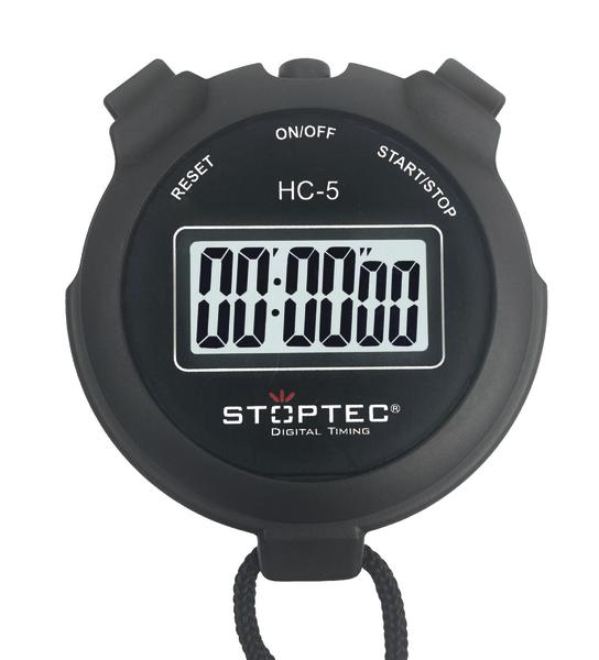 Schwarze digitale Stoptec Stoppuhr HC-5 mit großem Display und drei Bedientasten.
