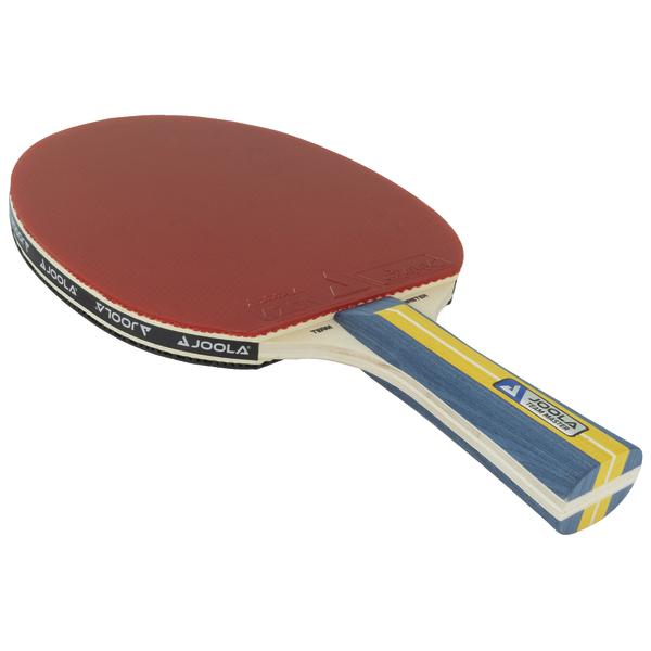 Rotes JOOLA Tischtennisschläger mit blau-gelbem Griff, Nahaufnahme auf weißem Hintergrund.