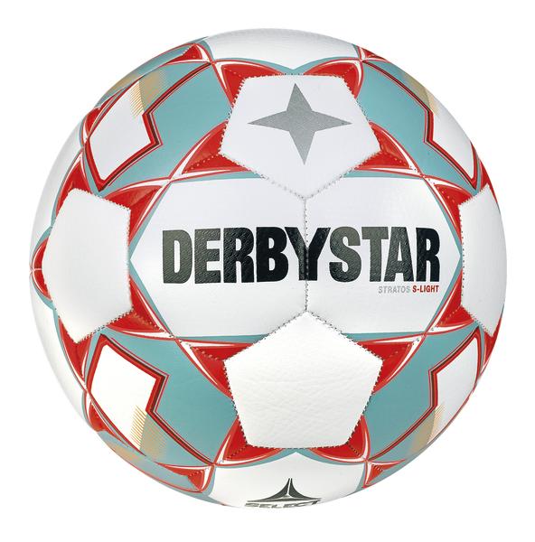Weißer Derbystar Fußball mit rotem und blauem Sternmuster, Modell Stratos S-Light.