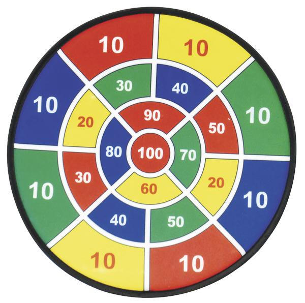 Dartscheibe mit farbigen Segmenten und Zahlenwerten von 10 bis 100 für Punktespiele.