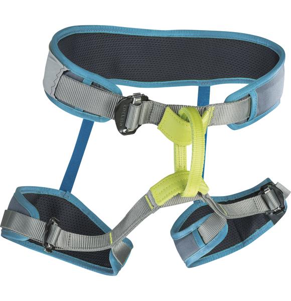 Klettergurt mit gepolsterten Beinschlaufen und verstellbaren Schnallen in Blau und Grau.