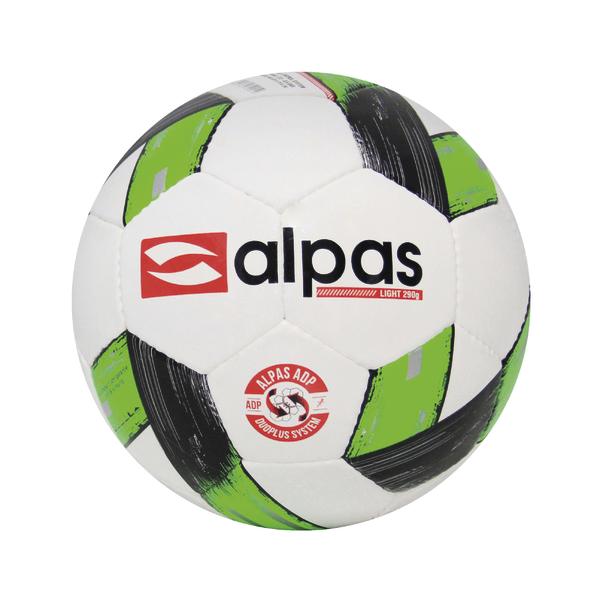 Weißer Fußball mit grünen und schwarzen Akzenten und alpas Logo, leichter Spielball.