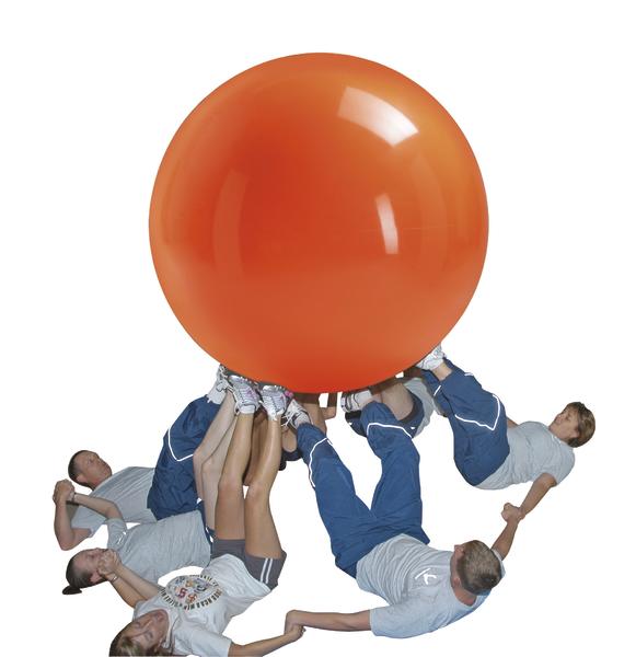 Sechs Personen spielen mit einem großen orangen Gymnastikball im Teamtraining.