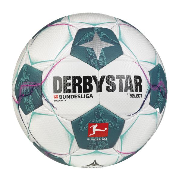 Weißer Derbystar Bundesliga Fußball mit grünen Sternmustern und Logo, offizieller Spielball.