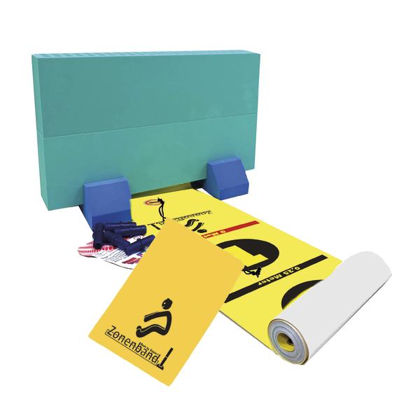 Zonenband-Set mit gelbem Absperrband, blauen Haltern und Zubehör für Markierungen.
