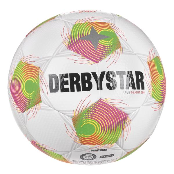 Rückseite weißer DERBYSTAR Apus S-Light 290 Fußball mit grün-pink-gelbem-orangenem Spiraldesign, strukturierter Oberfläche