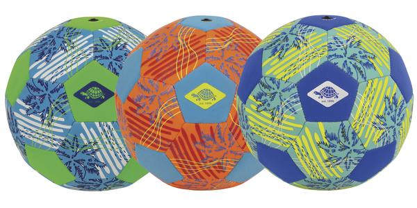 Bunte Bälle mit Palmen Mustern in Blau, Grün und Orange, dreifach angeordnet.