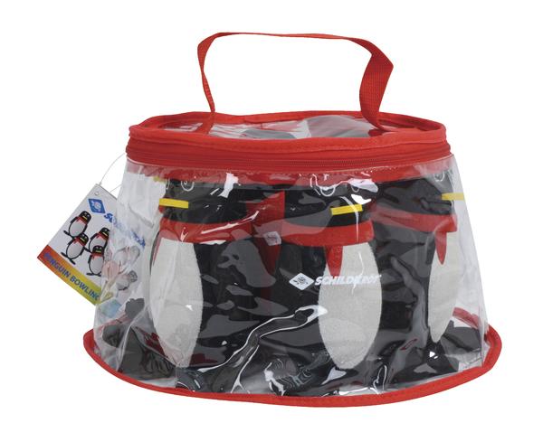 Transparentes Spielzeug-Set mit Pinguin-Bowlingkegeln in rotem Tragebeutel.