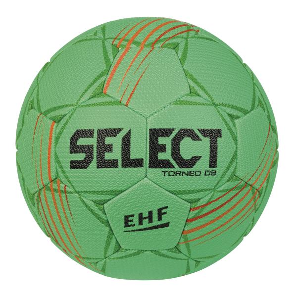 Grüner SELECT Torneo DB Handball mit orangefarbenen Linien und EHF-Logo, Nahaufnahme.