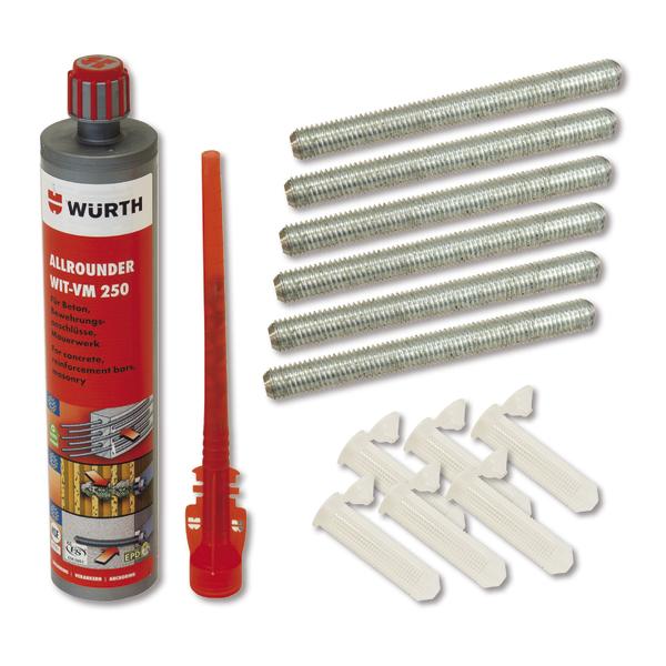 Würth Allrounder WIT-VM 250 Injektionsmörtel mit Dübeln und Gewindestangen für Befestigungen.