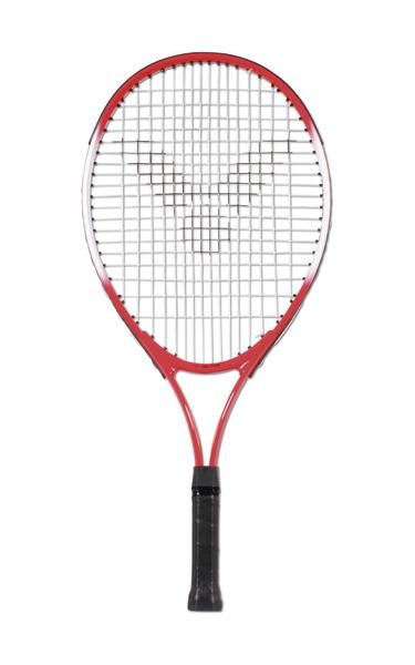 Tennisschläger mit rotem Rahmen und schwarzem Griff, isoliert auf weißem Hintergrund.