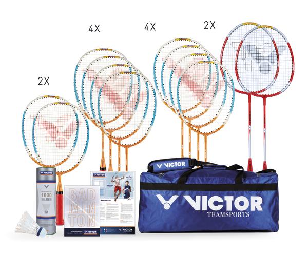 Komplettes Badminton-Set mit 12 Schlägern, Federbällen, Anleitung und Victor Sporttasche.