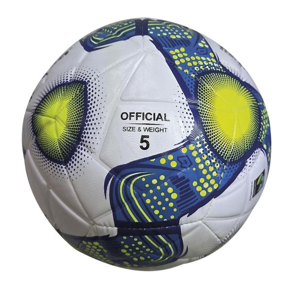 Weißer JUPITER Semi Hybrid Fußball mit blau-neongrünem Grafikdesign, Größe 5 und Aufdruck „Official Size & Weight“.